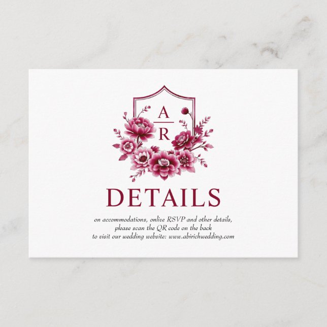 Burgundy flowers, floral crest wedding details QR Enclosure Card (Front)