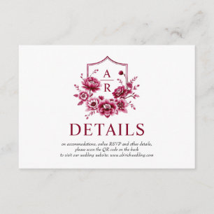Burgundy flowers, floral crest wedding details QR Enclosure Card
