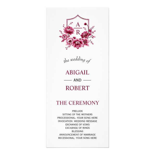 Burgundy flowers floral crest wedding program rack card (Front)