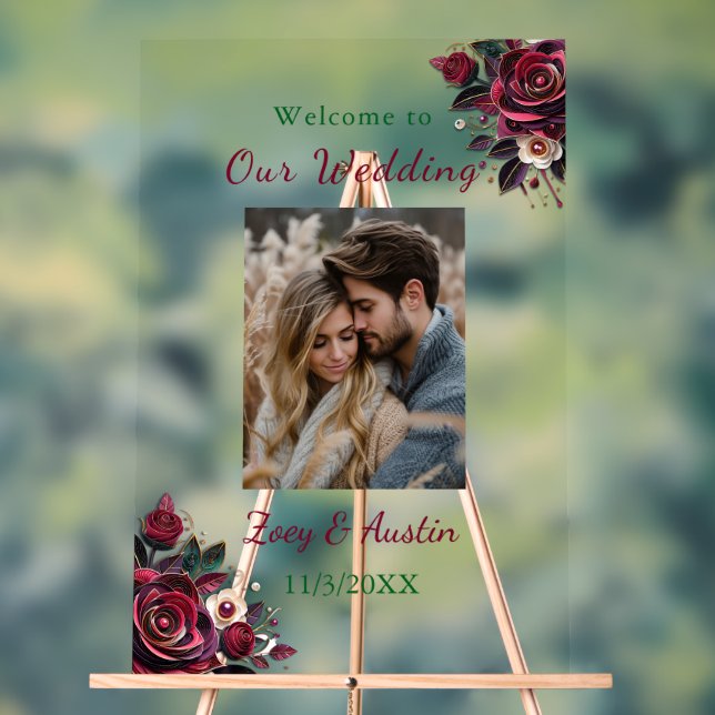 Burgundy Flowers, Foliage and Pearls Personalised  Acrylic Sign (Neutral)