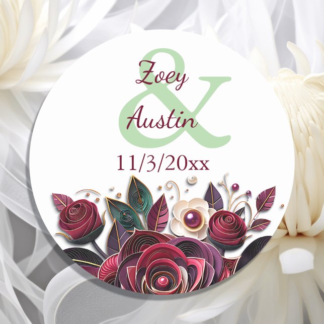 Burgundy Flowers, Foliage and Pearls Personalised Classic Round Sticker (Creator Uploaded)