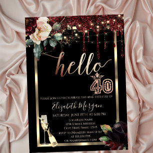 Burgundy Flowers,Frame,Champagne 40th Birthday Invitation