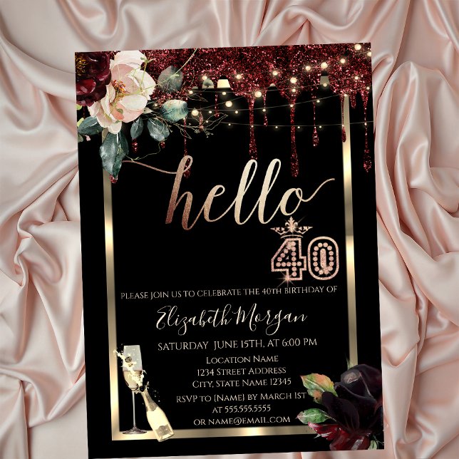 Burgundy Flowers,Frame,Champagne 40th Birthday Invitation (Creator Uploaded)
