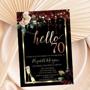 Burgundy Flowers,Frame,Champagne 70th Birthday Invitation