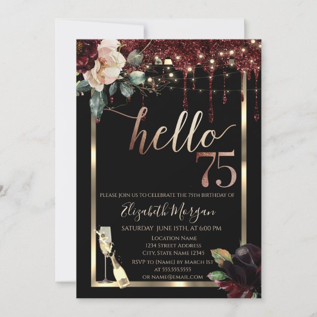 Burgundy Flowers,Frame,Champagne 75th Birthday Invitation (Front)