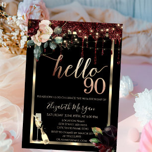 Burgundy Flowers,Frame,Champagne 90th Birthday Invitation