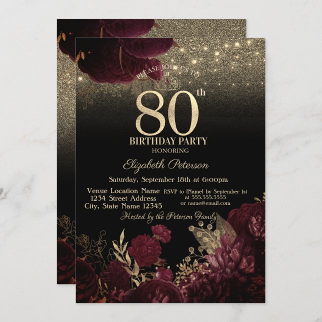  Burgundy Flowers Glitter Black 80thBirthday   Invitation (Front/Back)