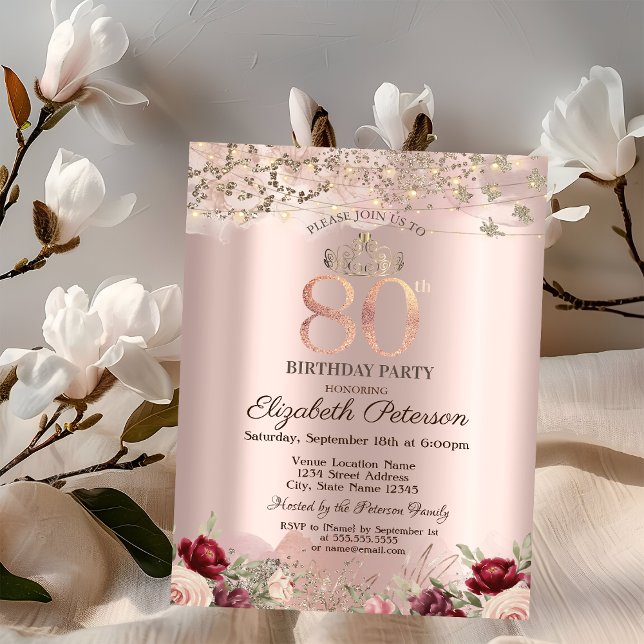 Burgundy Flowers Glitter Border Rose Gold 80TH Invitation (Creator Uploaded)