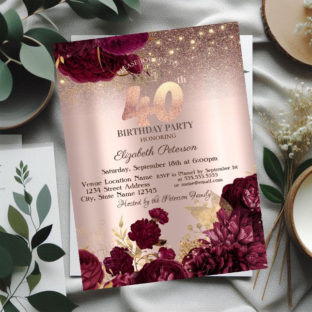  Burgundy Flowers Glitter Rose Gold 40thBirthday   Invitation (Creator Uploaded)