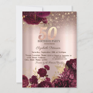 Burgundy Flowers Glitter Rose Gold 50thBirthday   Invitation