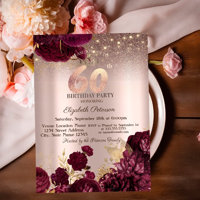  Burgundy Flowers Glitter Rose Gold 60thBirthday   Invitation (Creator Uploaded)