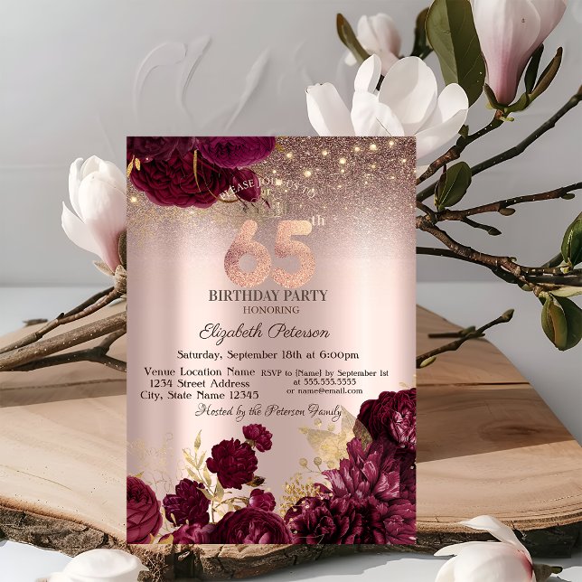 Burgundy Flowers Glitter Rose Gold 65th Birthday   Invitation (Creator Uploaded)