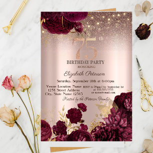 Burgundy Flowers Glitter Rose Gold 75th Birthday   Invitation