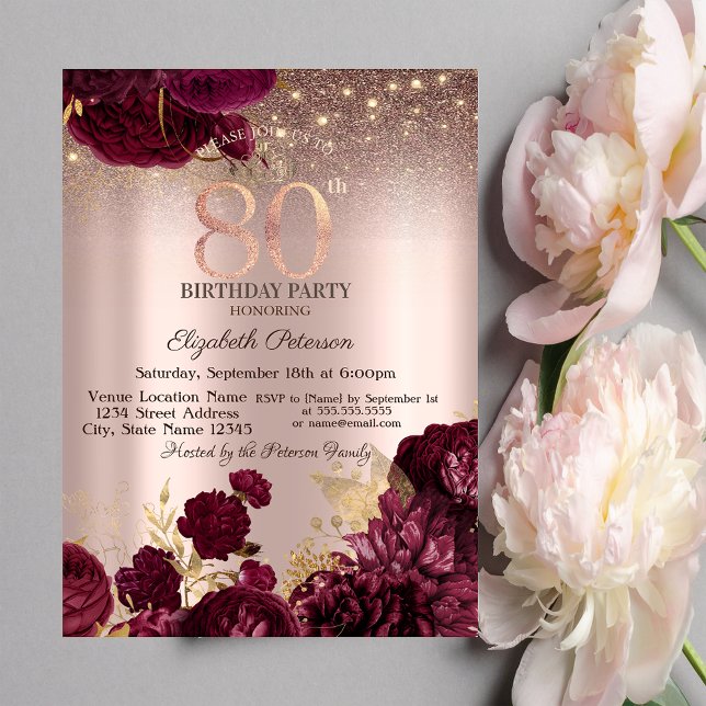  Burgundy Flowers Glitter Rose Gold 80thBirthday   Invitation (Creator Uploaded)