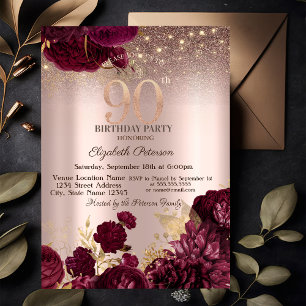 Burgundy Flowers Glitter Rose Gold 90th Birthday   Invitation