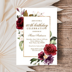 Burgundy Flowers Gold Border 60th Birthday Party Invitation