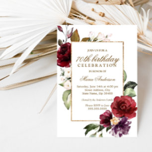 Burgundy Flowers Gold Border 70th Birthday Party Invitation