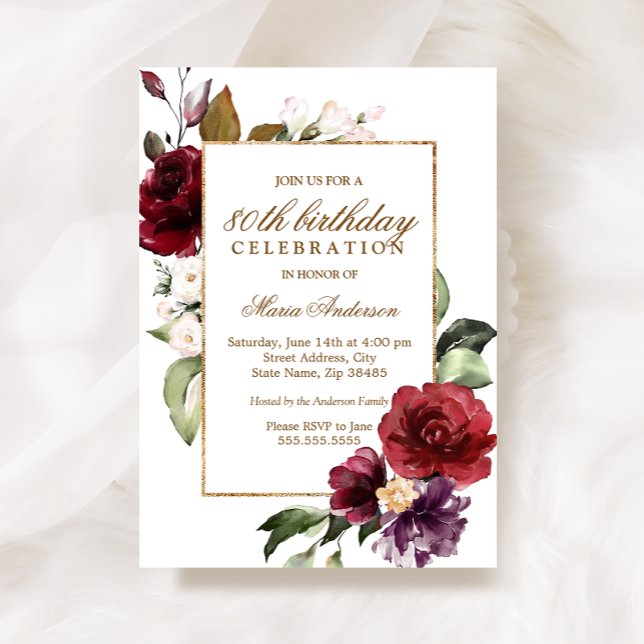 Burgundy Flowers Gold Border 80th Birthday Party Invitation (Creator Uploaded)