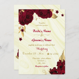 burgundy flowers gold floral marble wedding invitation