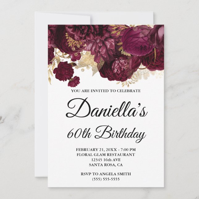 Burgundy Flowers Gold Foil Glam 60th Birthday Invitation (Front)