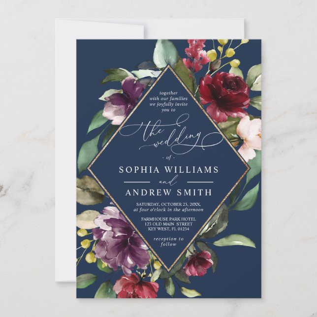 Burgundy Flowers & Gold Frame Navy Blue Wedding Invitation (Front)
