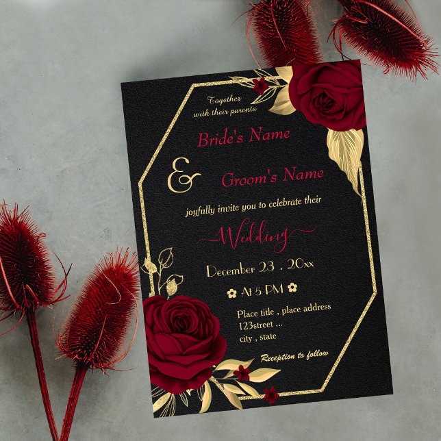 burgundy flowers gold geometric black wedding invitation (Creator Uploaded)