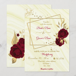 burgundy flowers gold geometric marble wedding invitation
