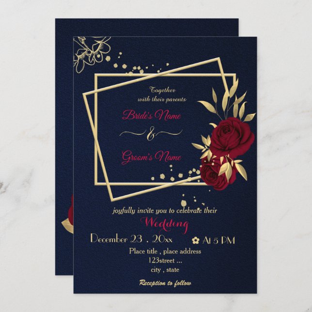 burgundy flowers gold geometric navy wedding invitation (Front/Back)