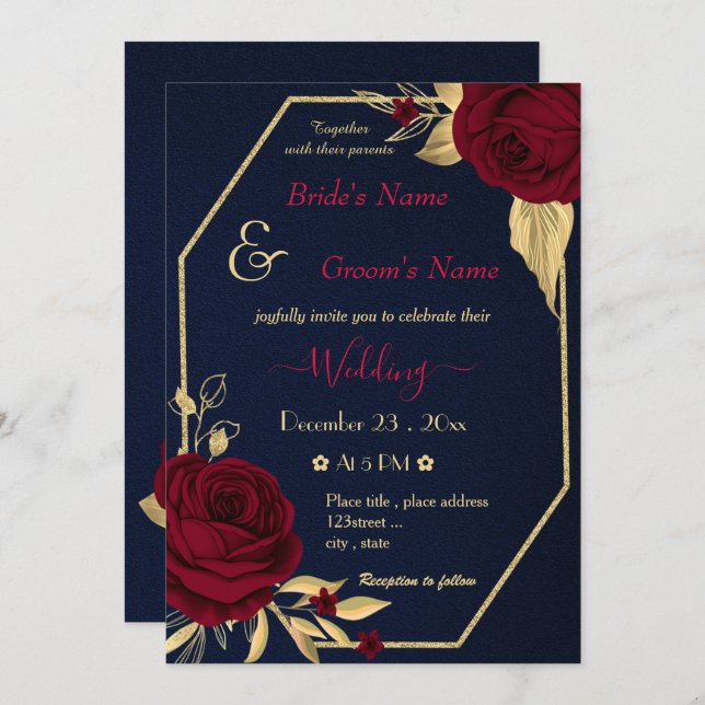 burgundy flowers gold geometric navy wedding invitation (Front/Back)