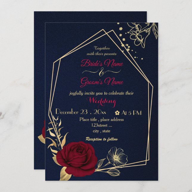 burgundy flowers gold geometric navy wedding invitation (Front/Back)