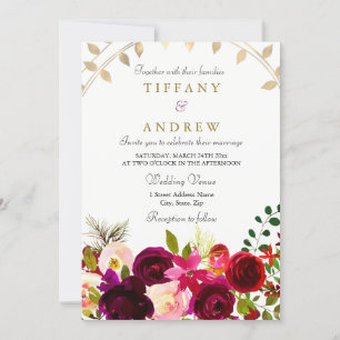 Burgundy Flowers Gold Leaf Wedding invite