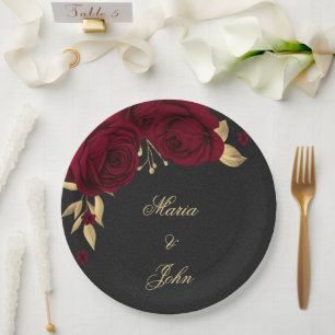 burgundy flowers gold leaves black paper plate