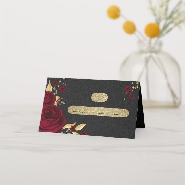 burgundy flowers gold leaves black place card (Front)