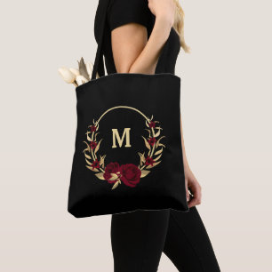 burgundy flowers gold leaves black tote bag