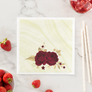 burgundy flowers gold leaves marble napkin