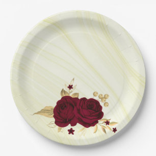 burgundy flowers gold leaves marble paper plate