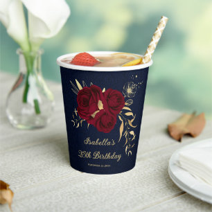 burgundy flowers gold leaves navy blue paper cups