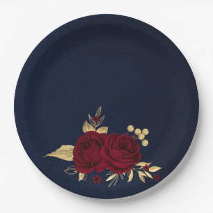 burgundy flowers gold leaves navy blue paper plate