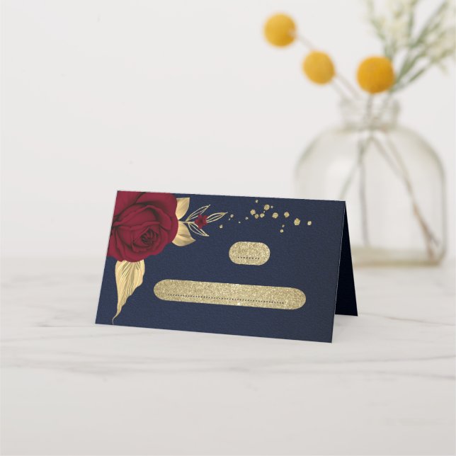 burgundy flowers gold leaves navy blue place card (Front)