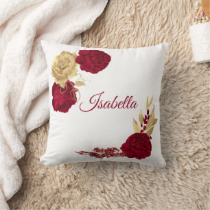 burgundy flowers & gold leaves white cushion