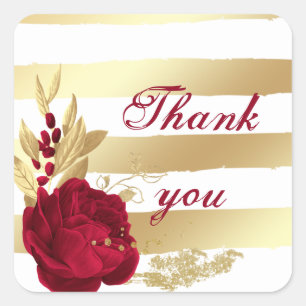 burgundy flowers & gold leaves white thank you square sticker