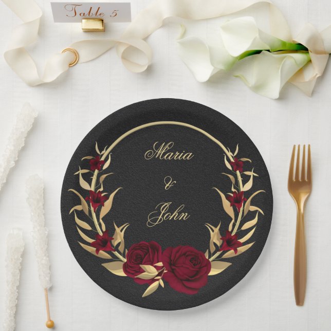 burgundy flowers gold leaves wreath black paper plate (Wedding)