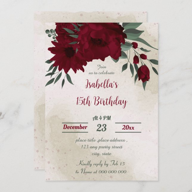 Burgundy flowers greenery botanical birthday  invitation (Front/Back)