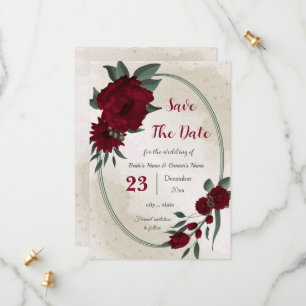 Burgundy flowers greenery botanical save the date