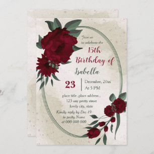 Burgundy flowers greenery geometric birthday  invitation