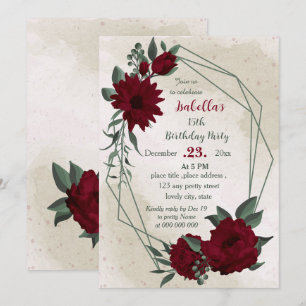 Burgundy flowers greenery geometric birthday  invitation