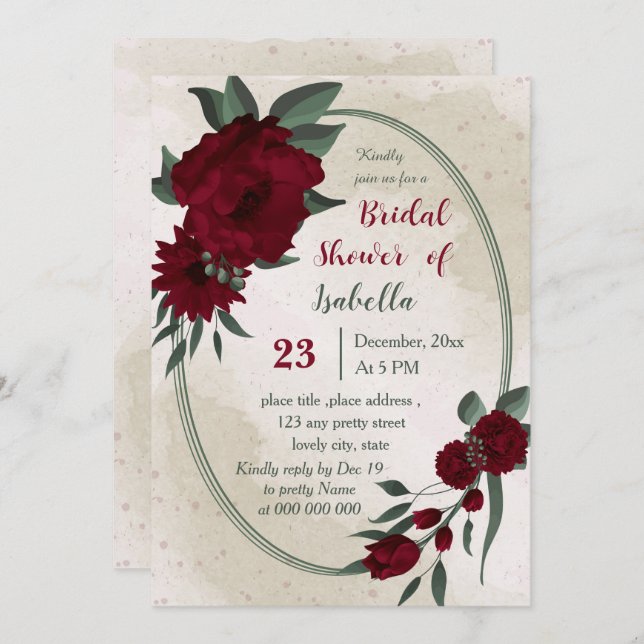 Burgundy flowers greenery geometric bridal shower invitation (Front/Back)