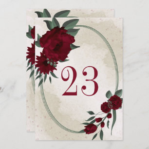 Burgundy flowers greenery geometric table number