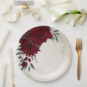 Burgundy flowers greenery paper plate