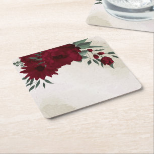 Burgundy flowers greenery square paper coaster